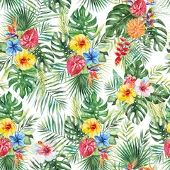 Fototapeten Green palm leaves, colorful flowers on the white background. Watercolor hand painted seamless pattern. Tropical illustration. Jungle foliage. © Veris Studio