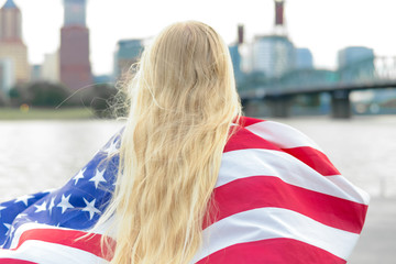 Woman Holding American USA Flag 