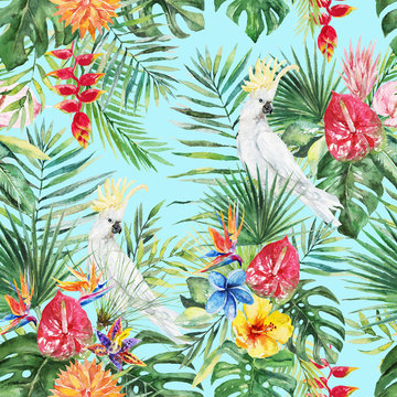 Green palm leaves, white cockatoo bird, colorful flowers on the blue background. Watercolor hand painted seamless pattern. Tropical illustration. Jungle foliage.