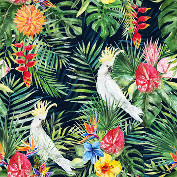 Green palm leaves, white cockatoo bird, colorful flowers on the black background. Watercolor hand painted seamless pattern. Tropical illustration. Jungle foliage.