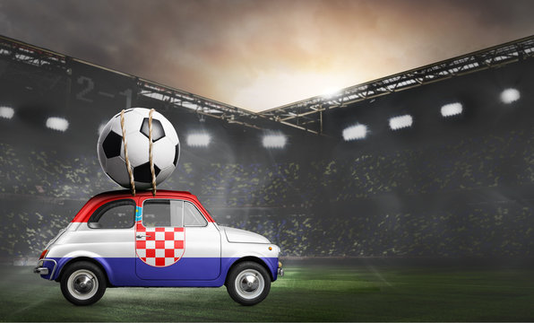 Croatia flag on car delivering soccer or football ball at stadium