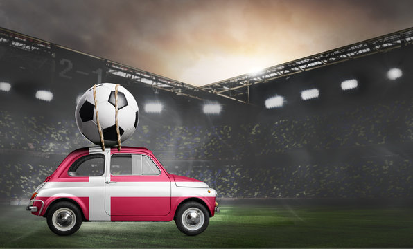 Denmark flag on car delivering soccer or football ball at stadium