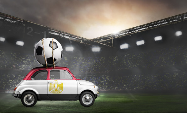 Egypt flag on car delivering soccer or football ball at stadium