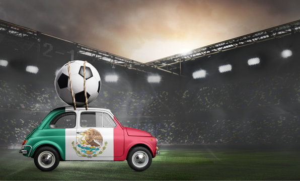 Mexico flag on car delivering soccer or football ball at stadium