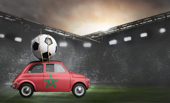 Morocco flag on car delivering soccer or football ball at stadium