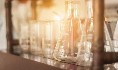 STEM education Laboratory beakers.Science experiment concept background.