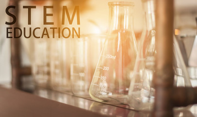 STEM education Laboratory beakers.Science experiment concept background.