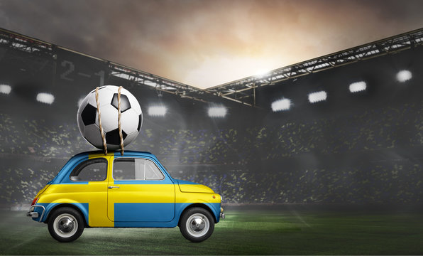 Sweden flag on car delivering soccer or football ball at stadium