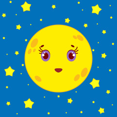 Cartoon moon on a background of a night starry sky