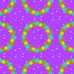 Christmas seamless pattern of wreaths on a purple background with stars