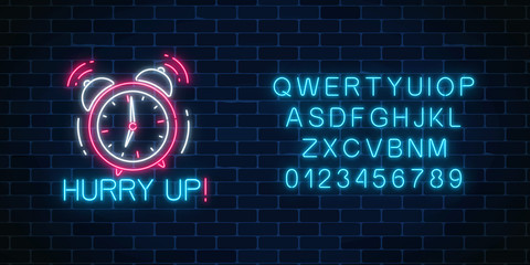 Glowing neon sign with alarm clock, hurry up text and alphabet. Call to action symbol with cheering inscription