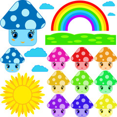 Set of cartoon mushrooms of different colors