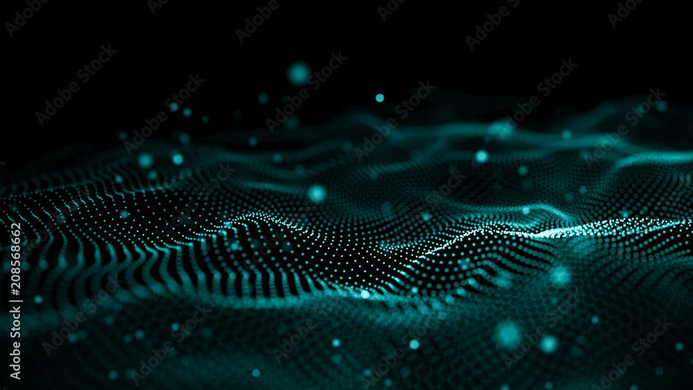 Aufkleber Data technology illustration. Abstract futuristic background. Wave with connecting dots and lines on dark background. Wave of particles.