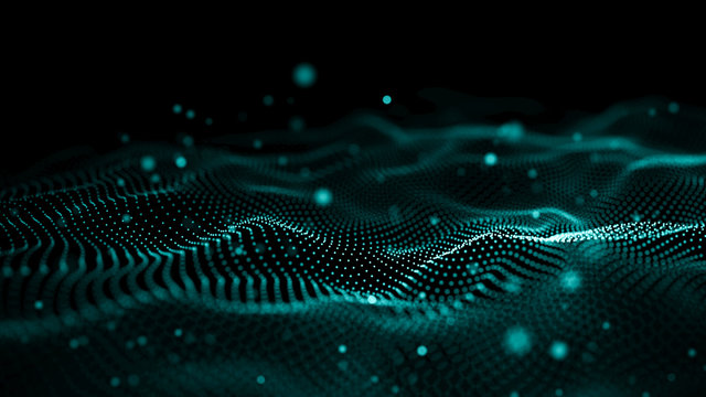 Data technology illustration. Abstract futuristic background. Wave with connecting dots and lines on dark background. Wave of particles.