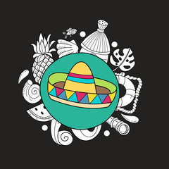 Cartoon hand drawn poster consisting of individual elements. Summer, vacation, sea, vacation. Vector illustration.