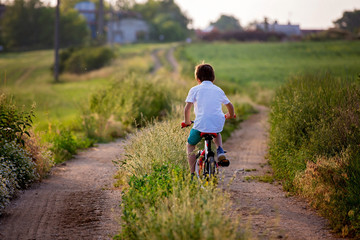 Sporty children, boy brothers, riding bikes on a rural landscape together
