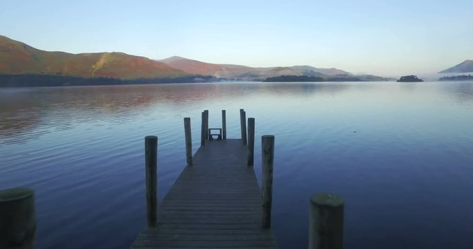 Wooden jetty at Barrow Bay landing, Derwent Water, Lake District National Park, Cumbria, England, United Kingdom