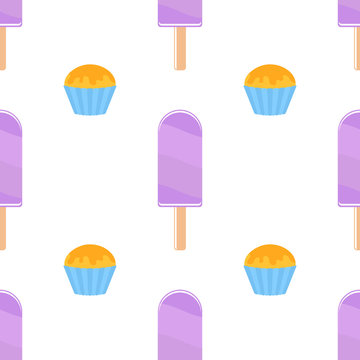 Seamless Pattern Of Flat Purple Popsicles On Wooden Sticks. Watered Colored Glaze. On A White Background.