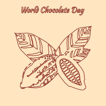 World Chocolate Day. 11 July. Contour drawing - cocoa fruit with leaves