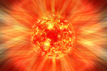 Extreme solar storm, solar flares. Sunburst rays of sunlight. Bright luminous sun with light...