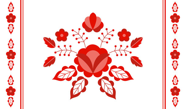 Polish folk pattern vector. Floral ethnic ornament. Slavic eastern european print. Red flower design for gypsy lumbar pillow case, interior textile, bohemian blanket, boho rug, rustic wedding card.