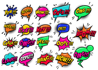 Comic speech bubbles burst the boom, wow, hey, ok, omg, crash. For poster, card, banner, flyer.