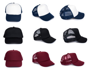 set of different empty textile cap isolated on white background