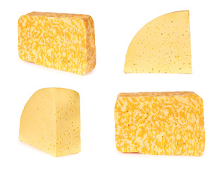 set of different piece of cheese isolated on a white background