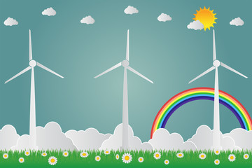 Wind turbines with sun clean energy with road eco-friendly concept ideas.vector illustration