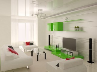 Large bright living room with modern comfortable furniture and stylish light background.