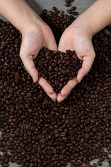 coffee beans heart shape in hand hold with love for decoration