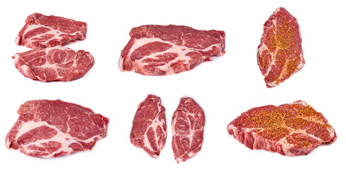 set of different fresh raw beef steak isolated on white background, organic farm