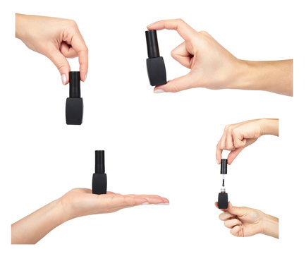 set of different Black nail polish bottle with hand isolated on white background