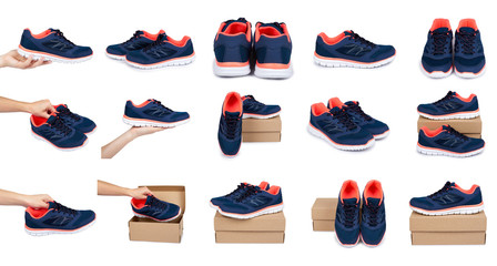 set of different Female blue sport shoes with box and hand isolated on white background