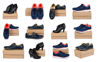 set of different Female classic leather formal shoes and sport footwear with box isolated on white background