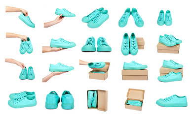 set of different Turquoise rubber sneakers with hand and package, casual footwear isolated on white background