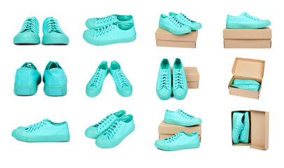set of different Turquoise rubber sneakers with package, casual footwear isolated on white background