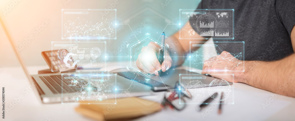 Aufkleber Graphic designer using digital screens interface with holograms datas 3D rendering