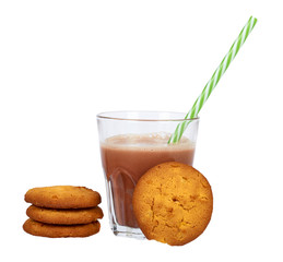 Glass of chocolate milk cocoa and straw with homemade cookies isolated on white background