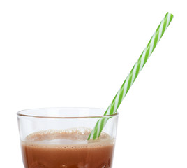Glass of chocolate milk cocoa and straw isolated on white background