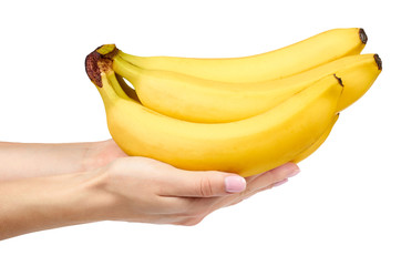 juicy delicious and healthy ripe banana with hand, isolated on white background