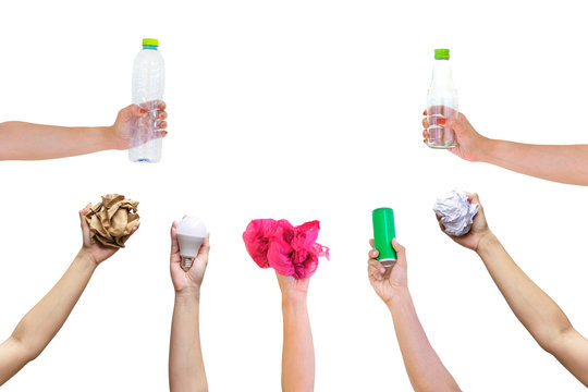Recyclable hand hold show symbol plastic bottle used paper canned light bulb a white background