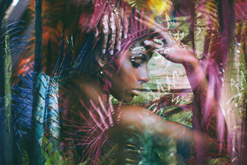 young black woman fantasy portrait double exposure