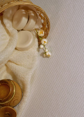 Bath-day ingredients for spa treatments soap with honey and jasmine.