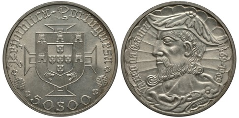 Portugal silver coin 50 fifty escudo 1969, shield and cross, bust of discoverer Vasco da Gama,...