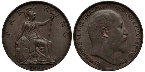 United Kingdom British coin 1 one farthing 1903, seated Britannia with oval shield and trident,...