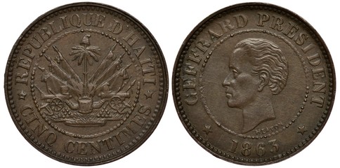 Haiti Haitian coin 5 five centimes 1863, palm tree with cap on top, flags, rifles, drum, cannons...