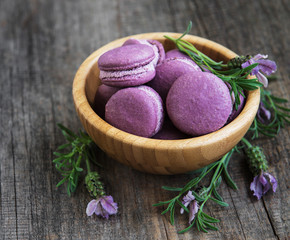 Lavender macarons in wood bowl - Powered by Adobe