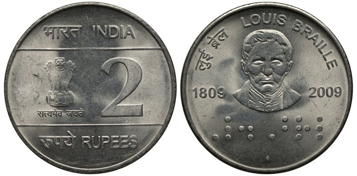 India Indian coin 2 two rupees 2009, 200th Anniversary birth of Louis Braille, three lions on chapiter with lotus flower, face value, Louis Braille facing, braille below, 