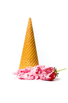 Strawberry ice cream in a cone isolated